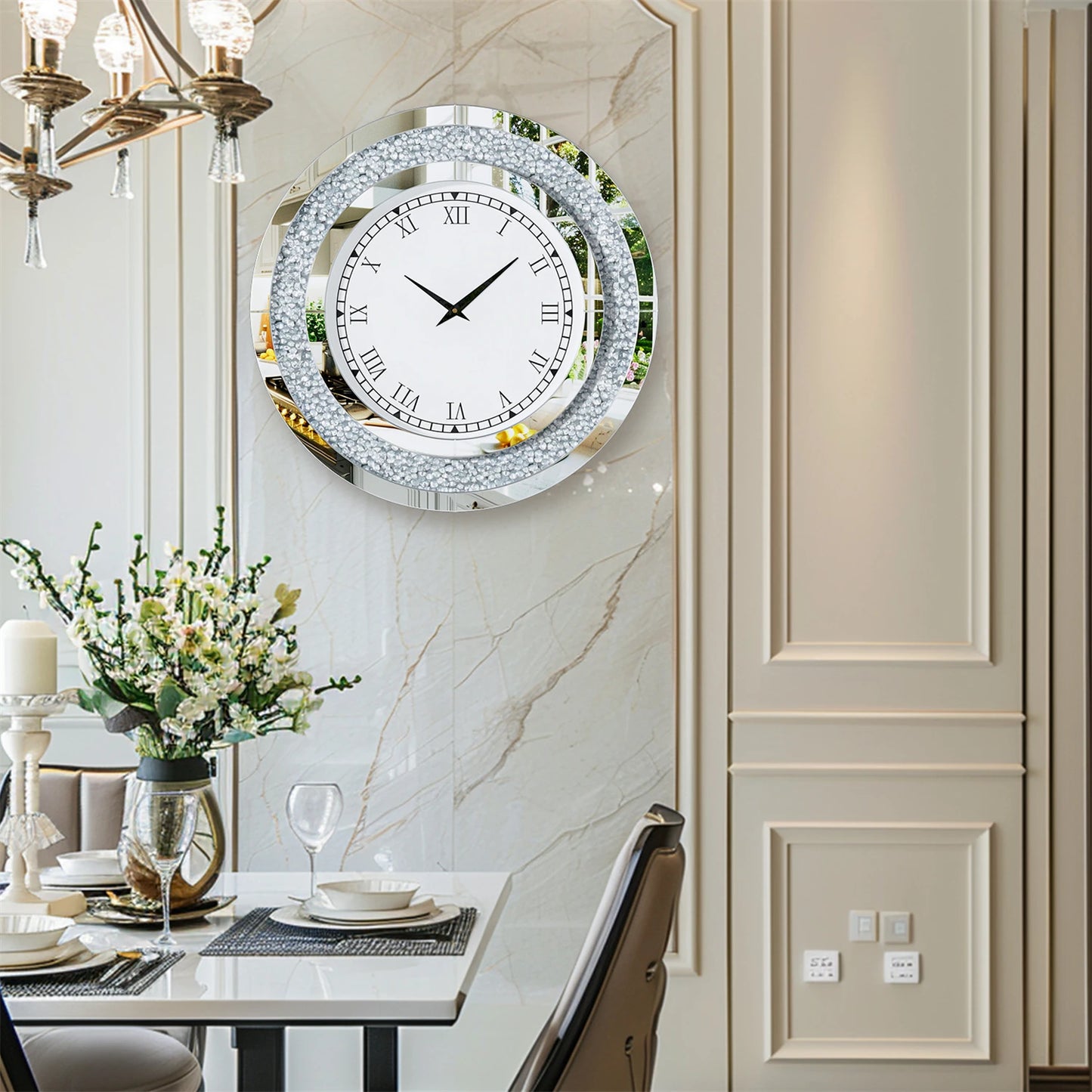 Crystal Embellished Round Mirror Clock For Wall Decor