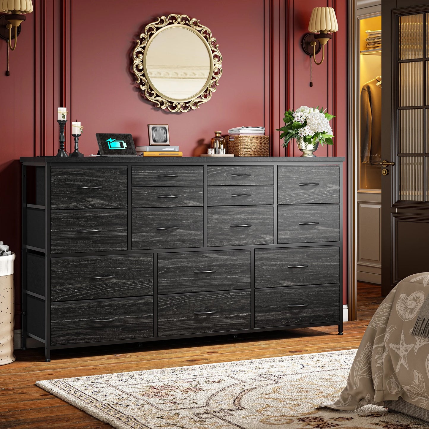 Fabric Dresser With Charging Station And TV Stand Organizer