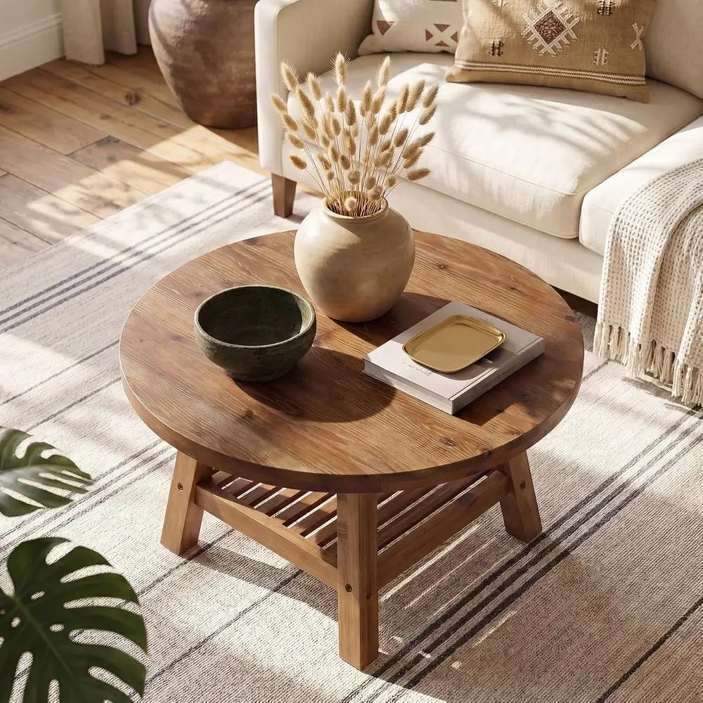 Solid Wood Round Coffee Table With Storage 2-Tier Living Room