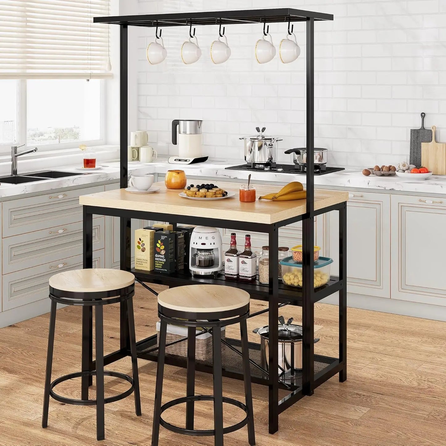 HiMISS Kitchen Island With Storage And Power Outlet Bakers Rack