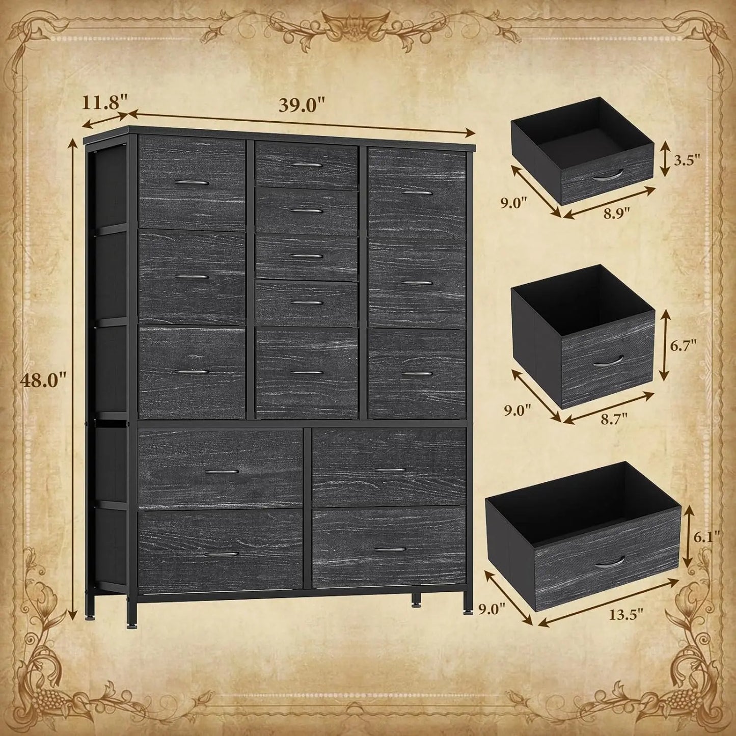 Fabric Tall Dresser With Wood Grain Top And Metal Frame