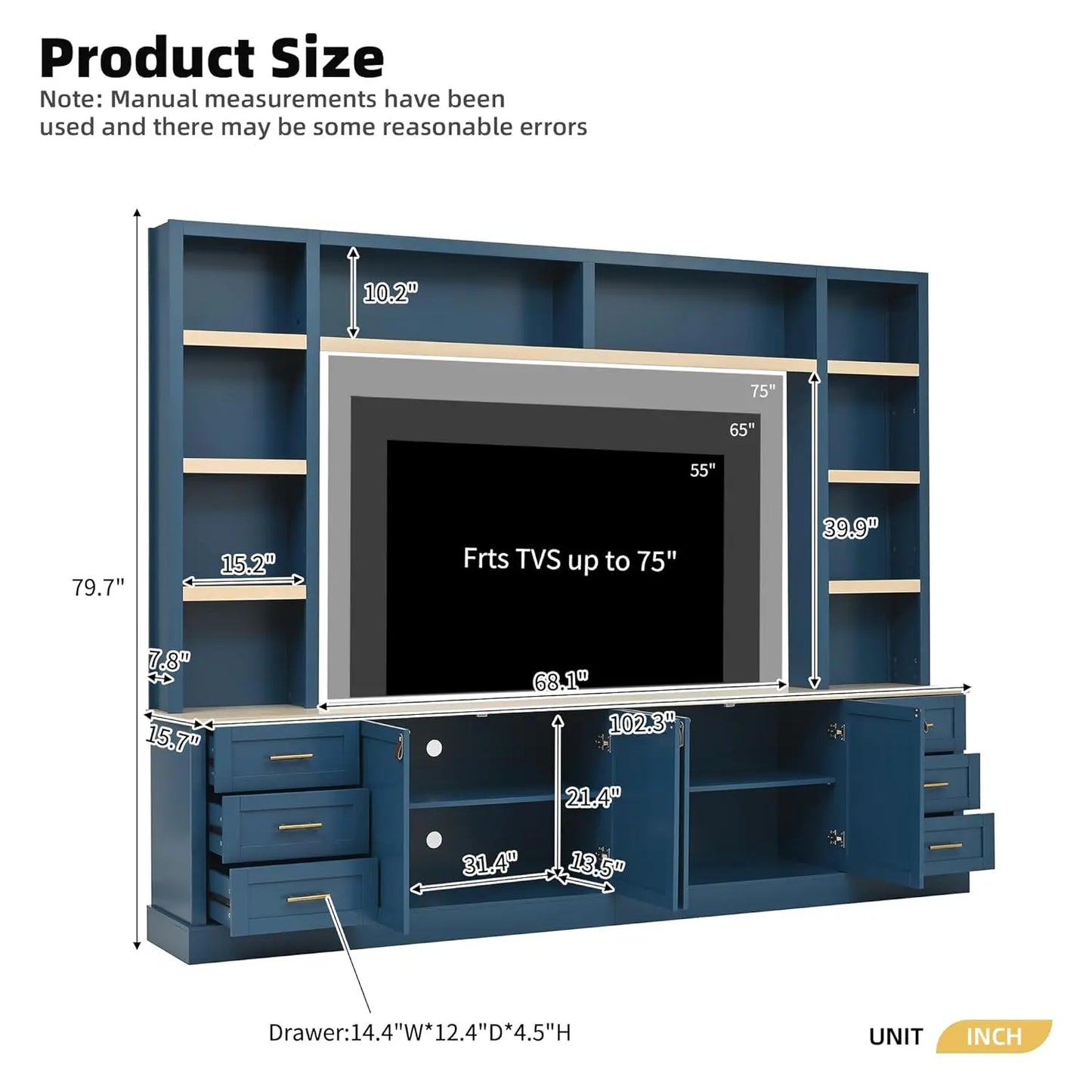 Farmhouse Entertainment Center Wall Unit With Bookshelves And Drawers