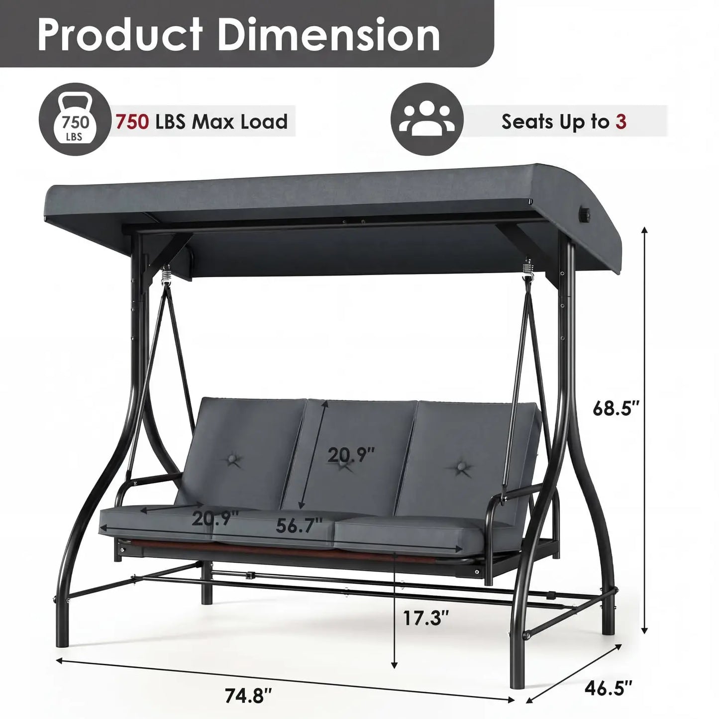 Three Seat Patio Swing With Adjustable Canopy And Backrest For Outdoor Use
