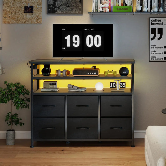 JHK TV Stand Dresser With Six Fabric Drawers Wood Top Living Room Console