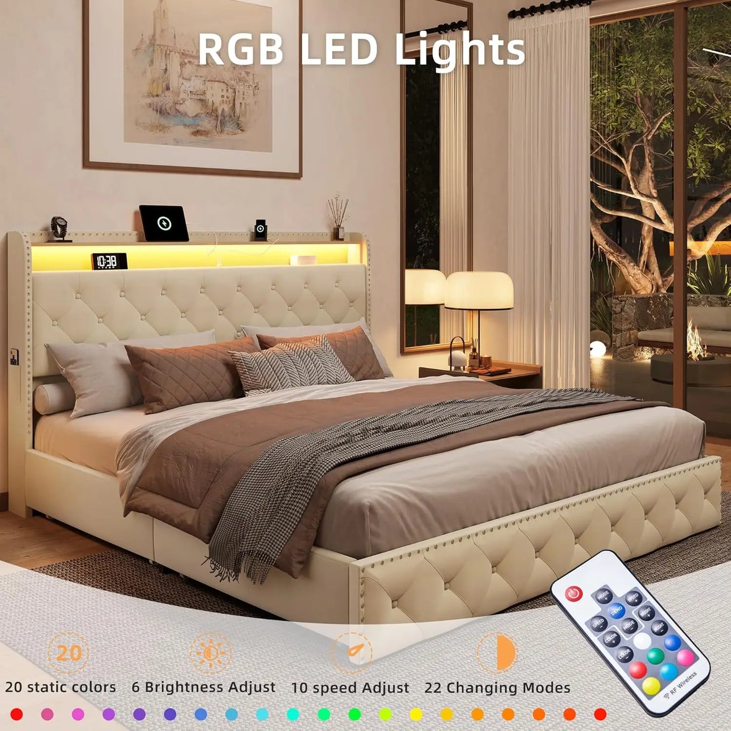 Velvet Bed Frame With LED Lighting And Storage Drawers