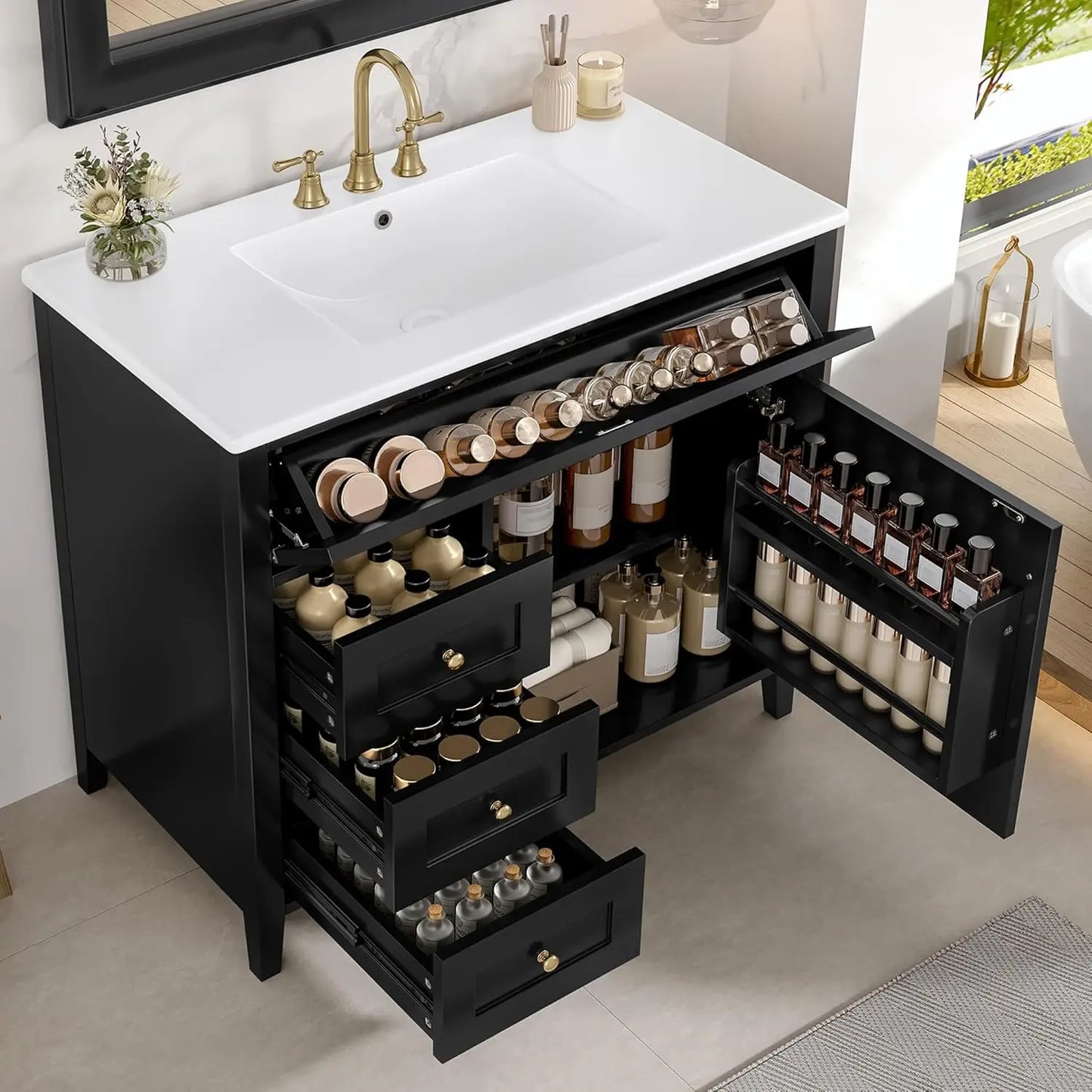 Wooden Bathroom Vanity With Ceramic Basin And Ample Storage Cabinets