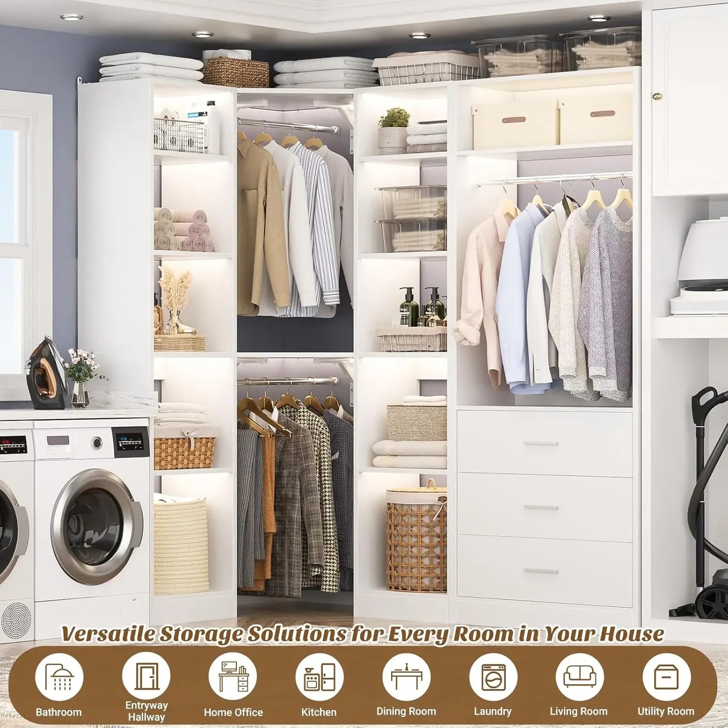 Corner Closet System With 3 Drawers, Shelves And Hanging Rods