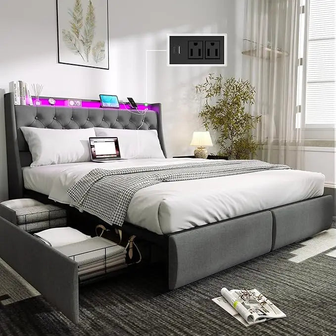 Bed Frame With Storage Drawers And Led Lights Upholstered Headboard