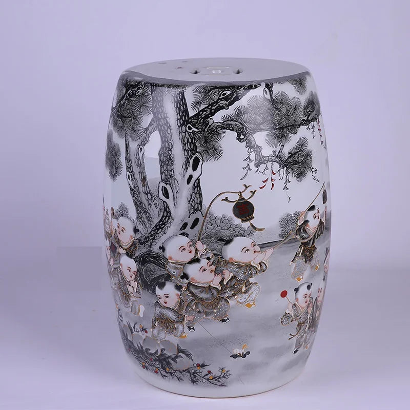Chinese Style Fish Painting Porcelain Drum Garden Stool Decor Antique