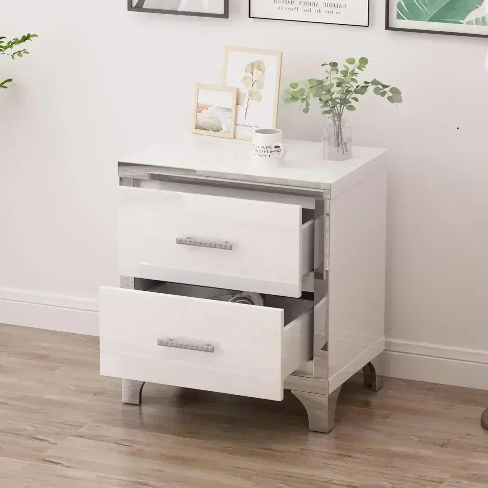 Elegant White High Gloss Mirrored Nightstand With 2 Drawers And Metal Handles