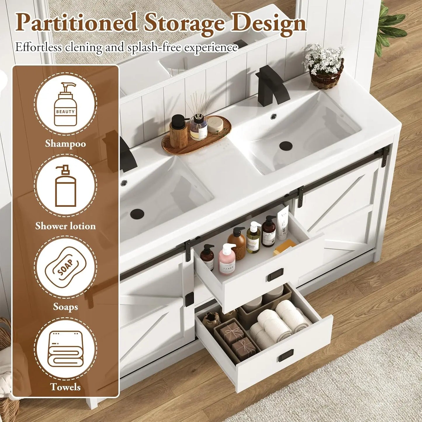 Double Farmhouse Bathroom Vanity Cabinet With Sink And Faucet