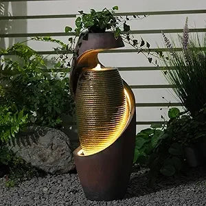 Curved Spiral Outdoor Fountain With LED Light Planter Bowl