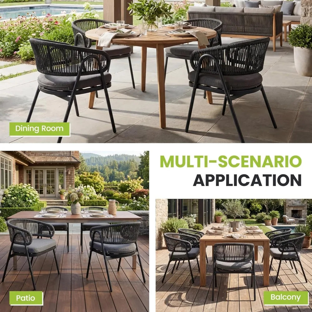Weather-Resistant Rope Woven Metal Outdoor Dining Chair Set With Cushion