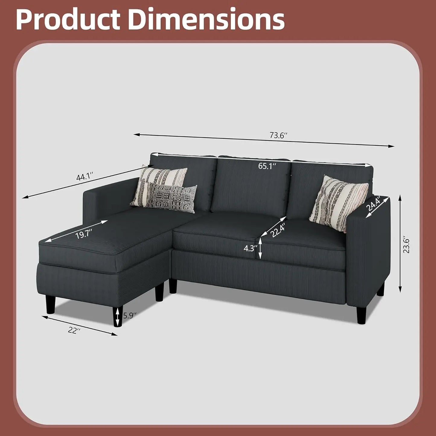 Convertible Sectional Sofa L-Shape With Movable Ottoman 3-Seat