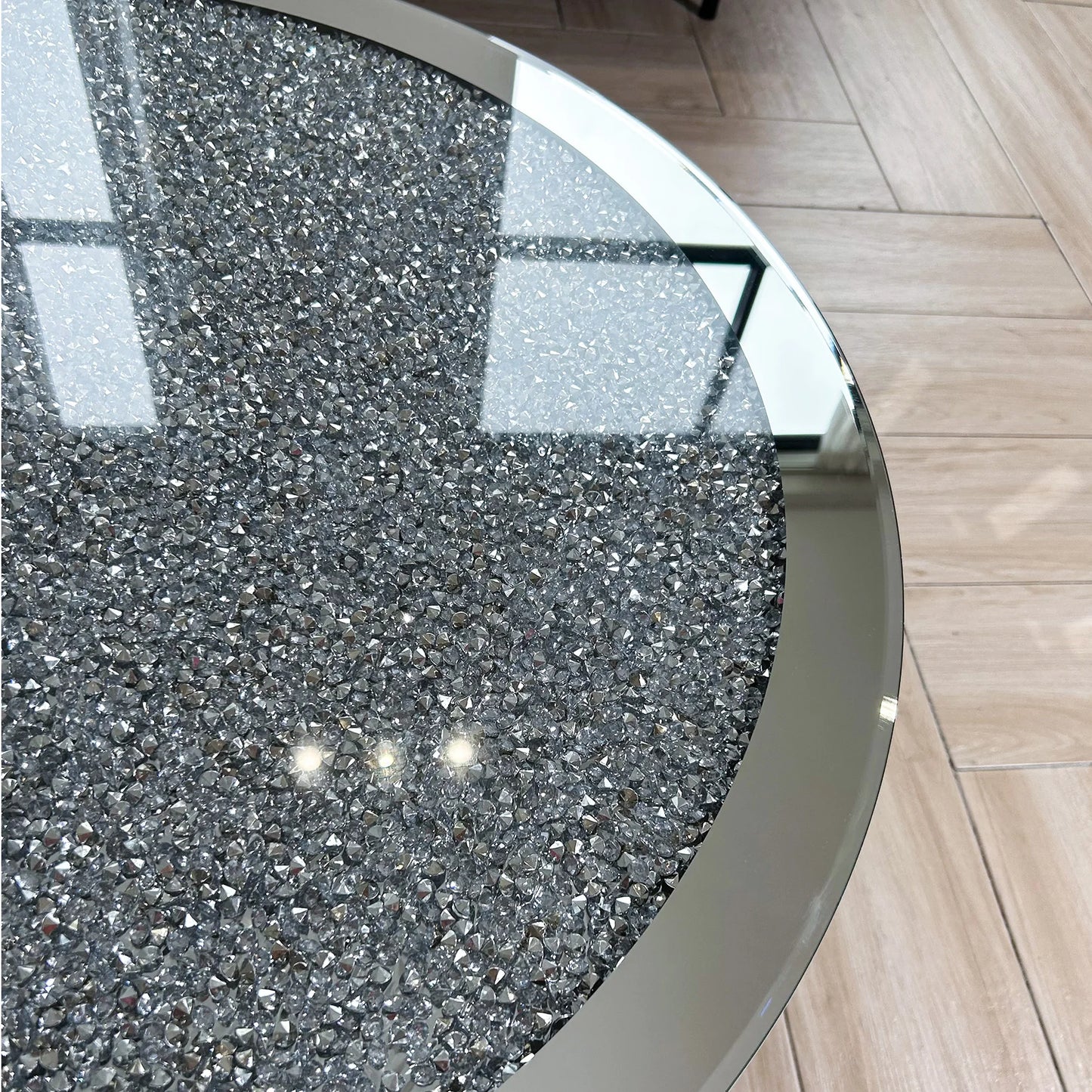 Mirrored Coffee Table With Crystal Inlay Modern Round Living Room