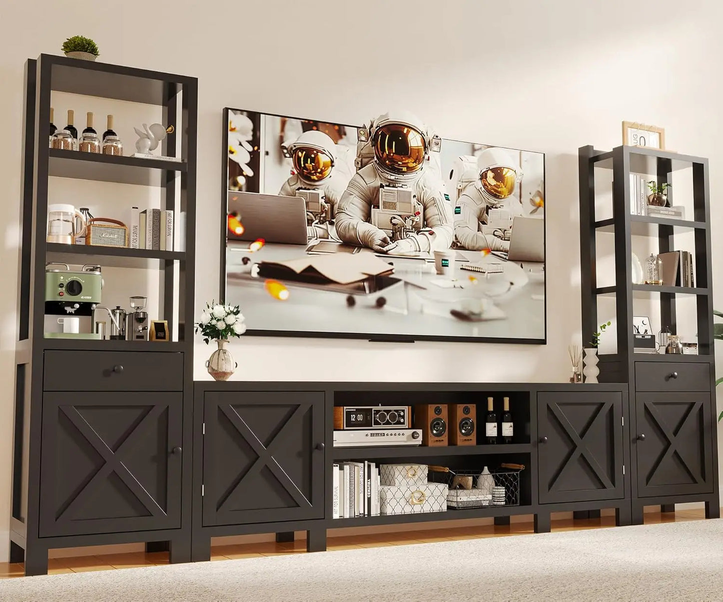 Entertainment Center Wall Unit TV Stand With Bookshelves Power Hub