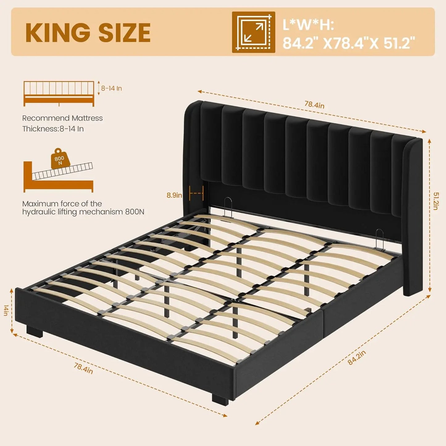 Upholstered Lift Up Bed Frame With Velvet Wingback Tufted Headboard