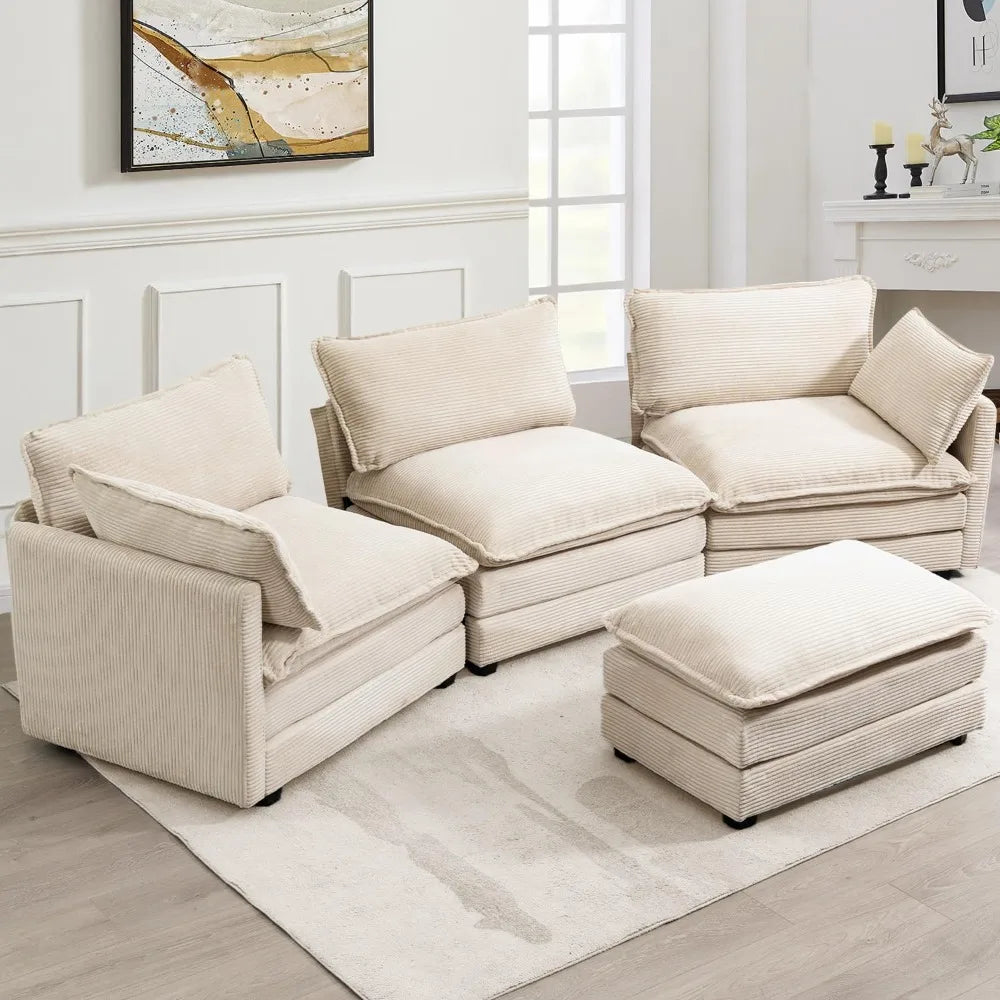 Combination Modular Sectional Sofa With Movable Ottoman L Shape Corduroy