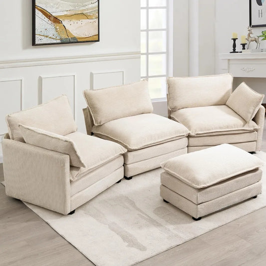 Combination Modular Sectional Sofa With Movable Ottoman L Shape Corduroy