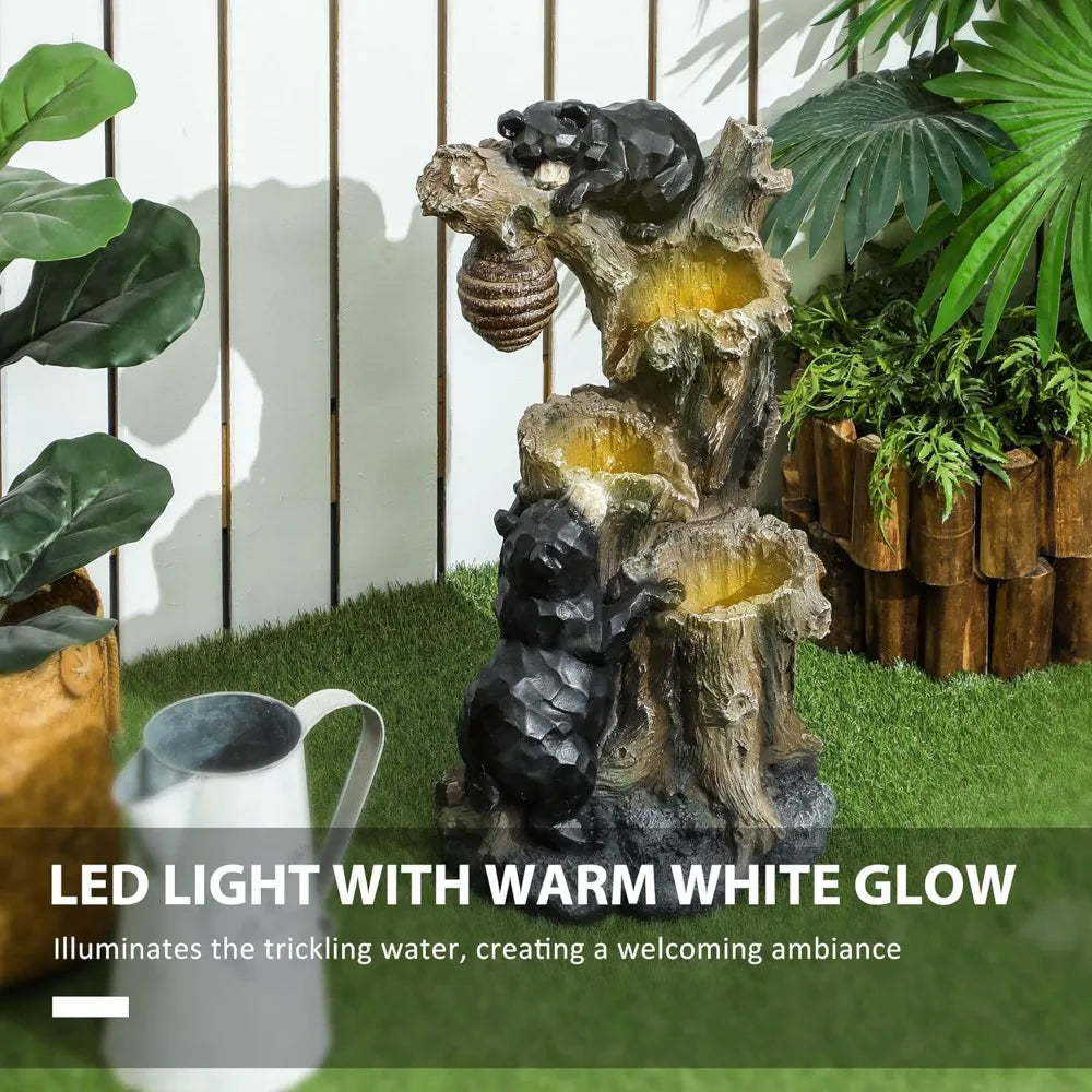 Outdoor 3-Tier Water Fountain With LED Bears Beehive Tree