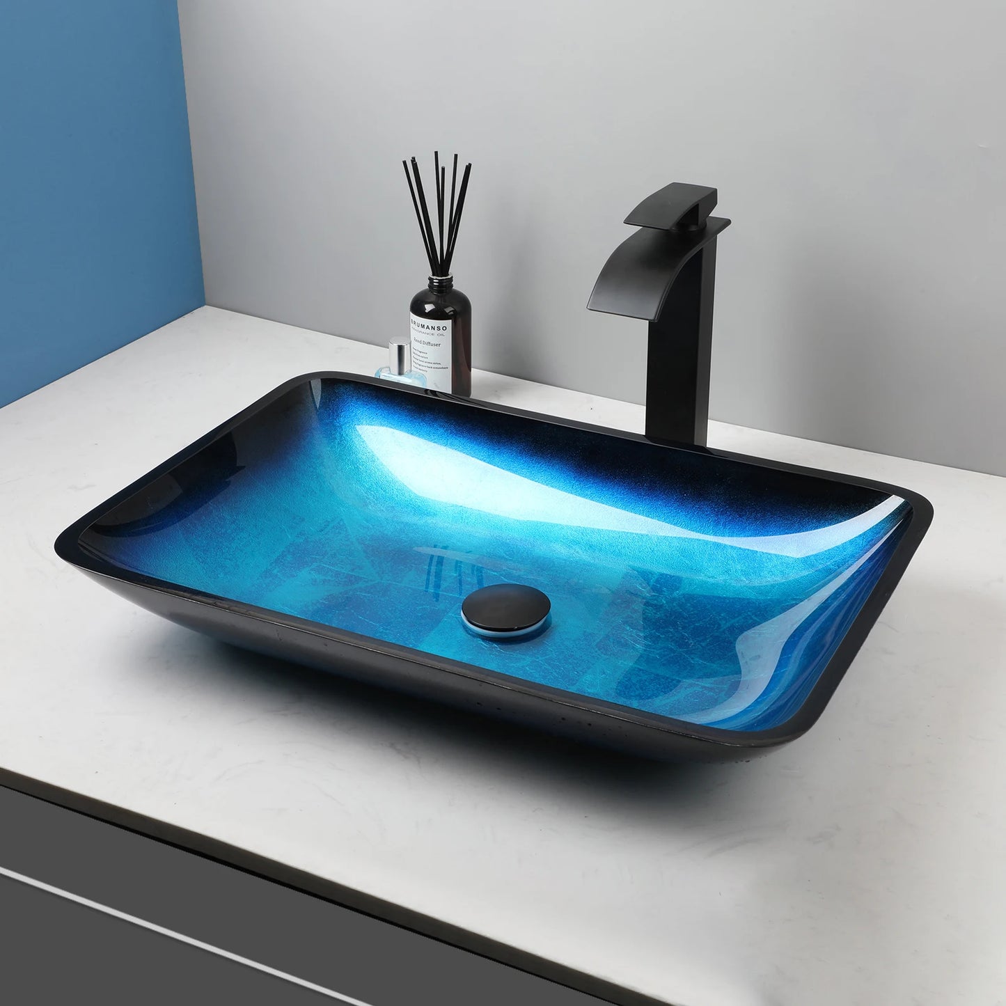 YANKSMART Tempered Glass Basin Sink Vessel With Faucet Set