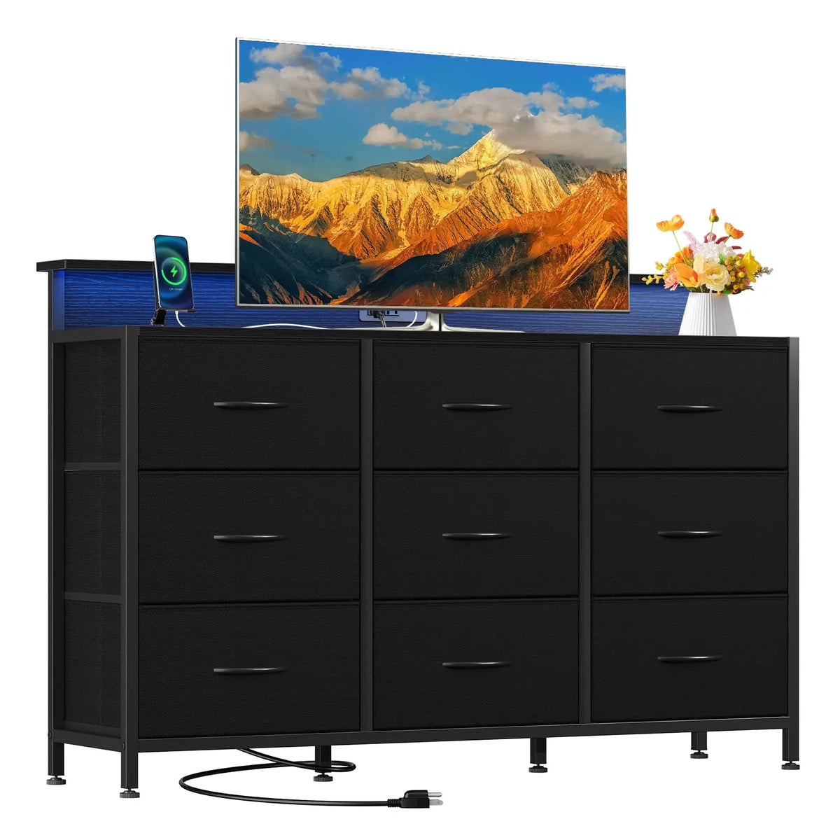 JHK Modern Media Console With Fabric Drawers And Wood Top