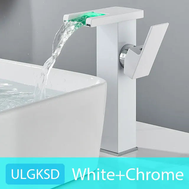 ULGKSD Bathroom Sink Faucets Cold&Hot Hydroelectric LED Basin Faucet Deck Mounted Waterfall Mixer Tap Kitchen Dual-use Tap Crane