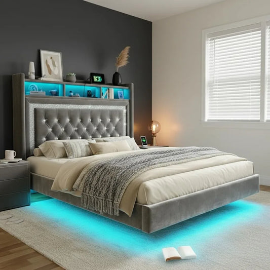 General Use Floating Bed Frame With LED Lights Charging Station