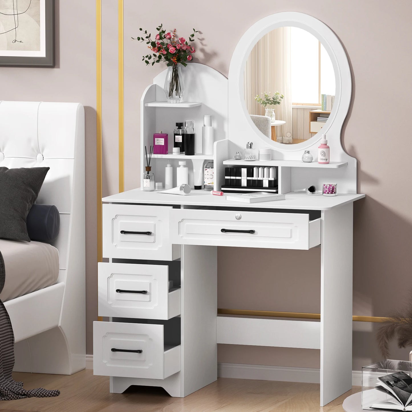 Modern Makeup Vanity Table With Mirror And Lights 4 Drawer