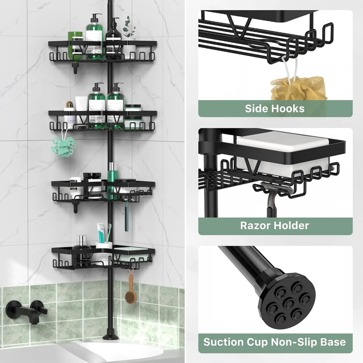 Stainless Steel 4 Tier Shower Caddy With Tension Pole