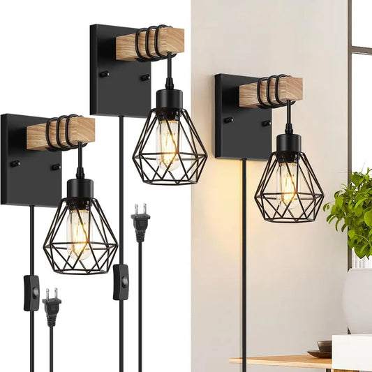 Vintage Wood In Wall Sconces Set Of Two Farmhouse Wall Lamps Plug In Cord