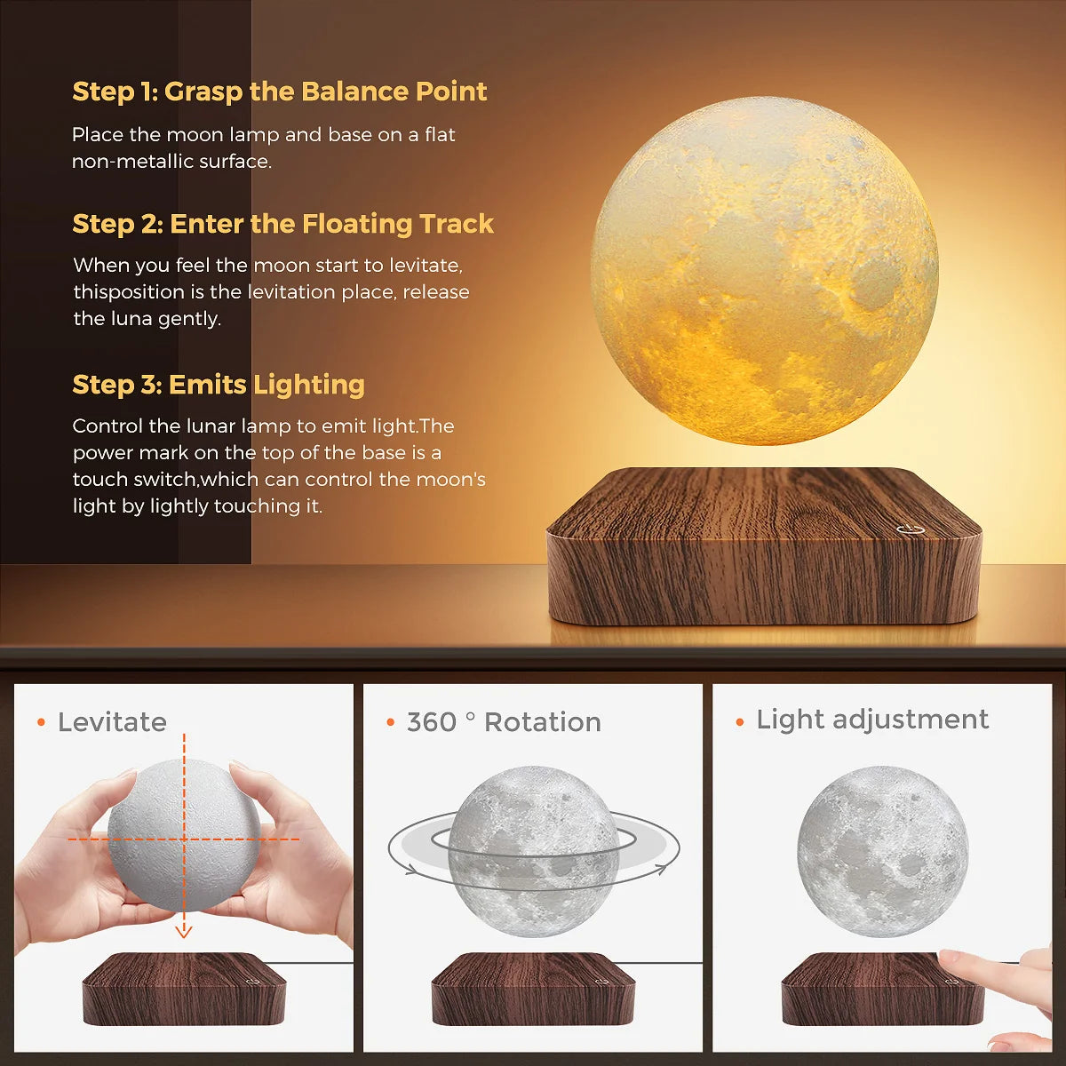 Mexllex Magnetic Floating Moon Lamp With Wooden Base LED Modes