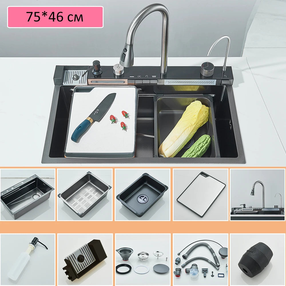 Quyanre Stainless Steel Kitchen Sink With Faucet Waterfall Digital Display