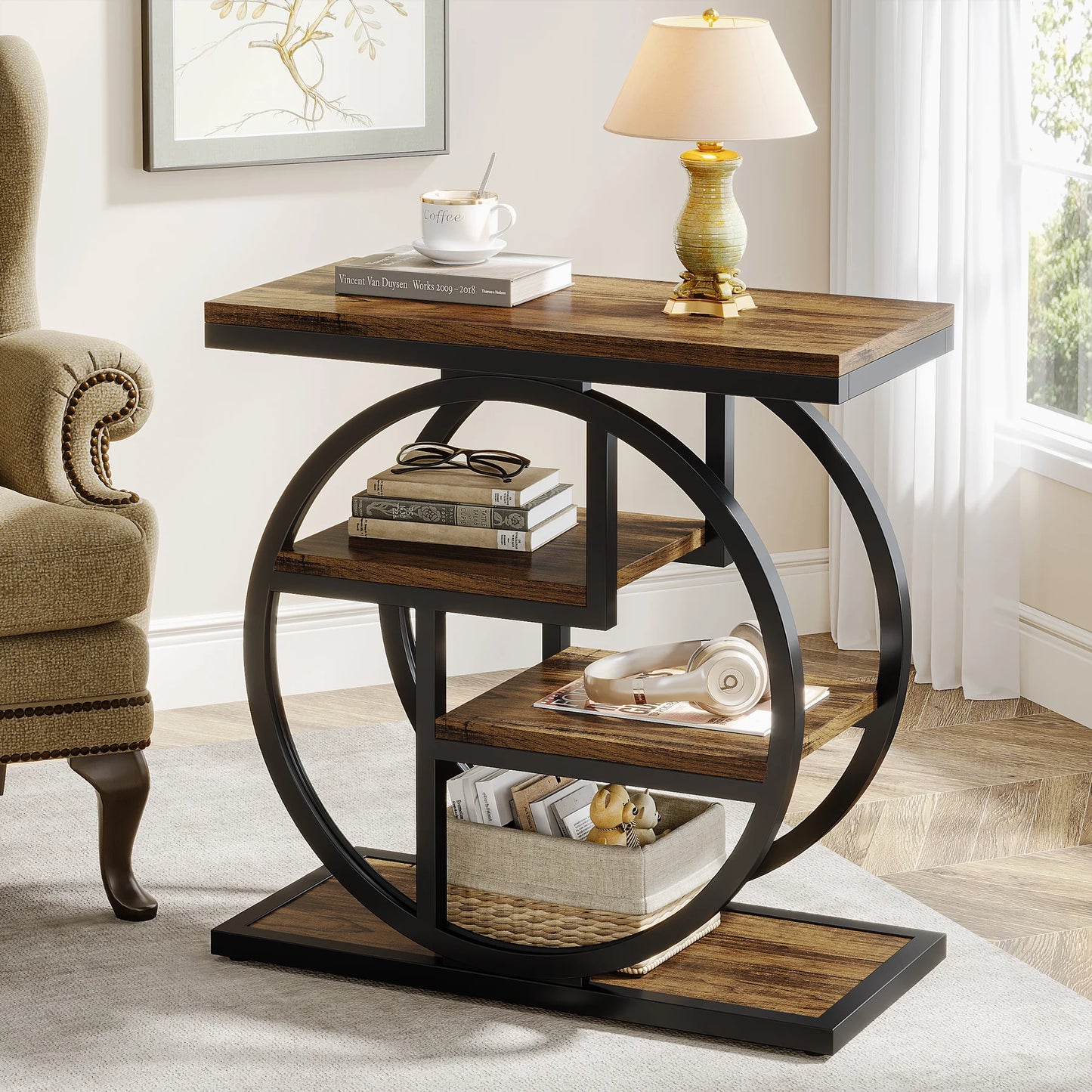 Tribesigns End Table With 3 Storage Shelves Industrial Wooden