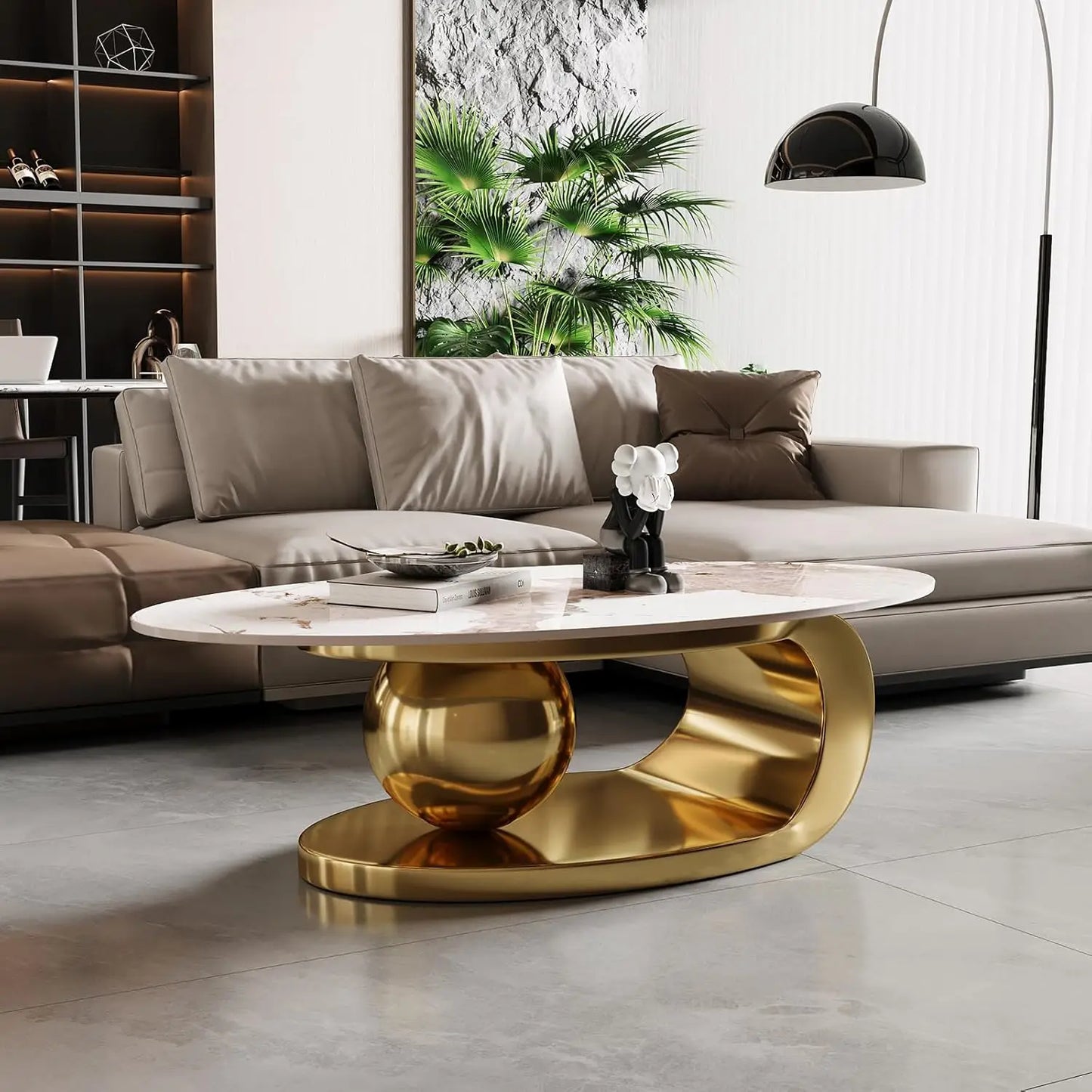 Oval Marble Coffee Table With Stainless Steel Base