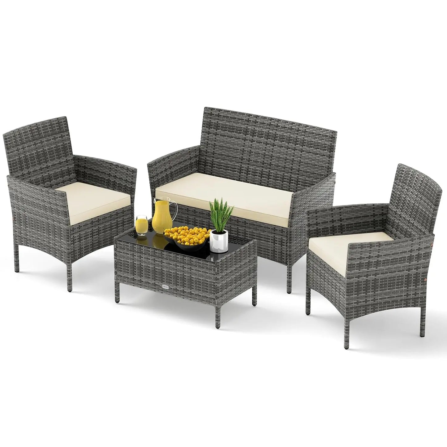 Rattan Outdoor Patio Conversation Set With Cushions And Glass Coffee Table