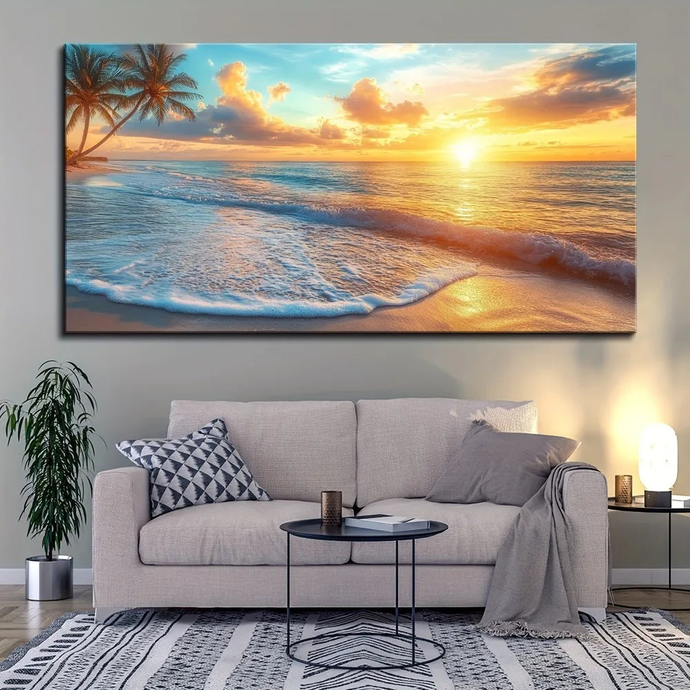 Pine Solid Wood Frame Ocean Sunset Canvas Wall Mural Decoration