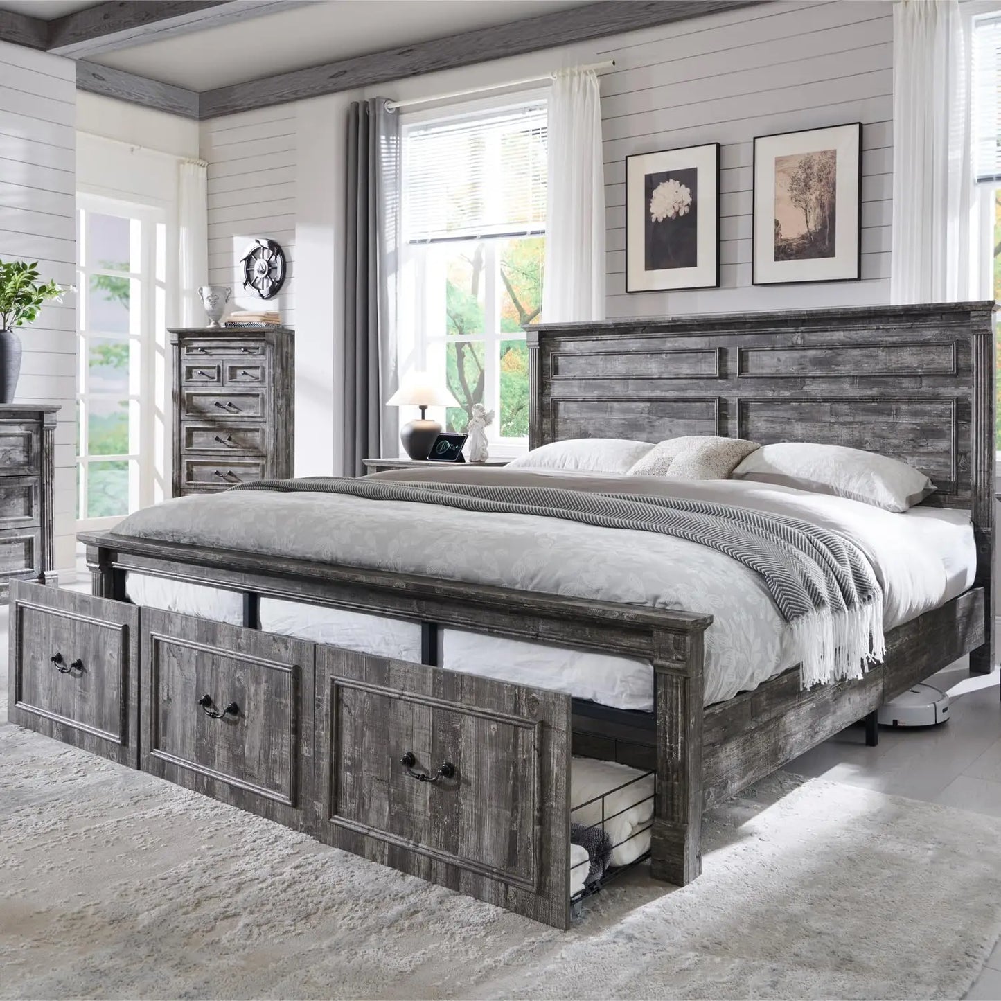 Farmhouse Bed Frame With Storage Drawers Wood Platform