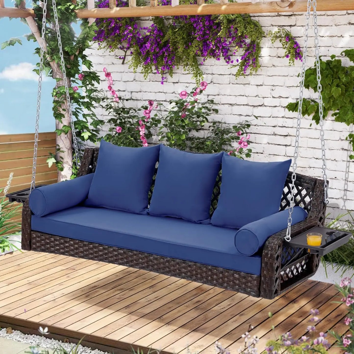 Rattan Porch Swing 3 Seat With Cup Holders And Cushions