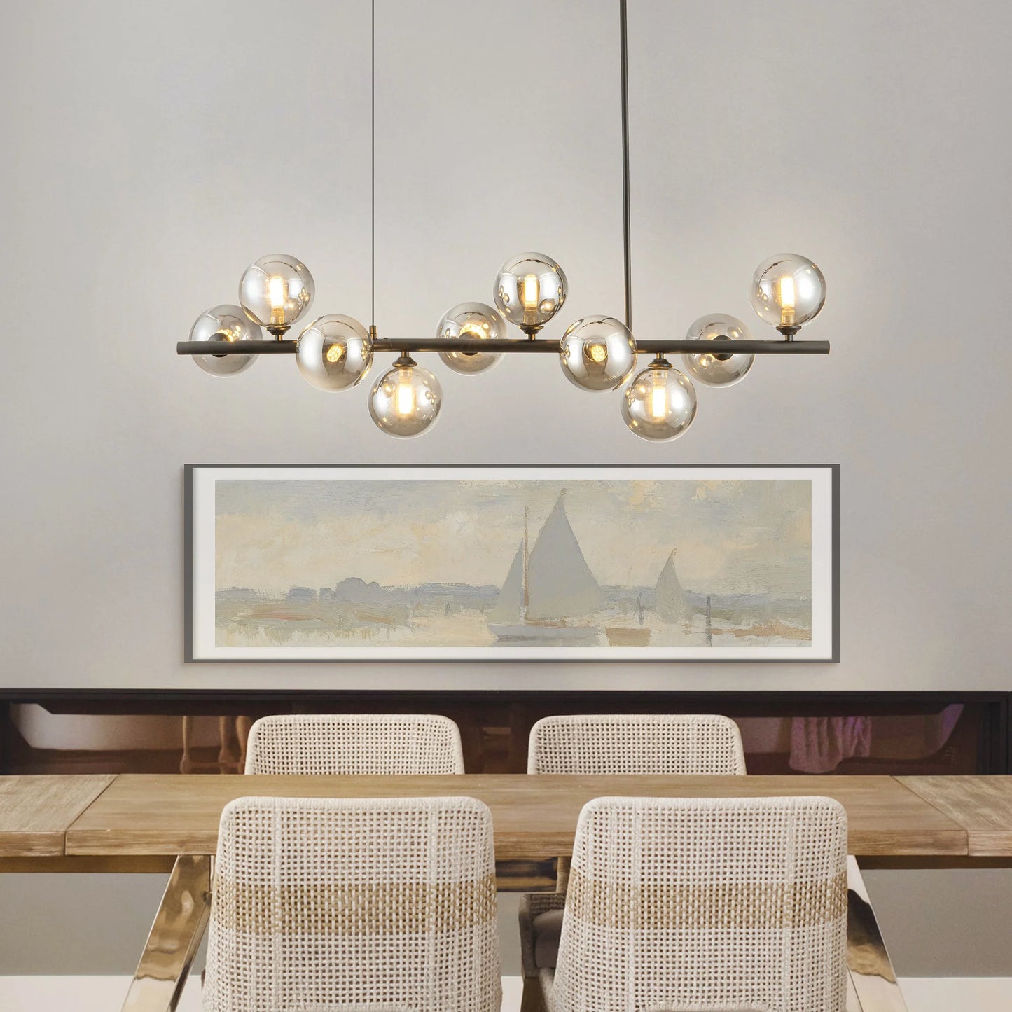 10 Light Adjustable Chandelier Mid Century Modern Glass Globes