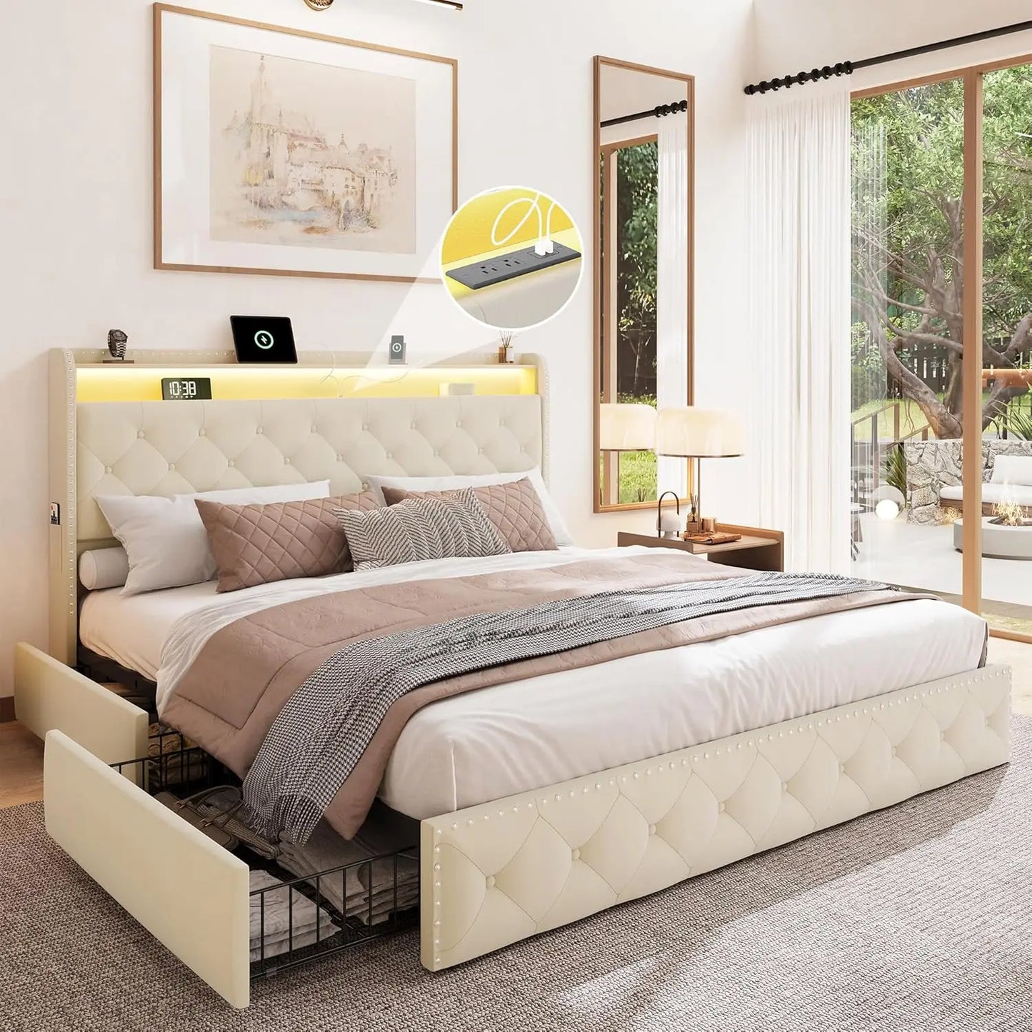 Velvet Bed Frame With LED Lighting And Storage Drawers