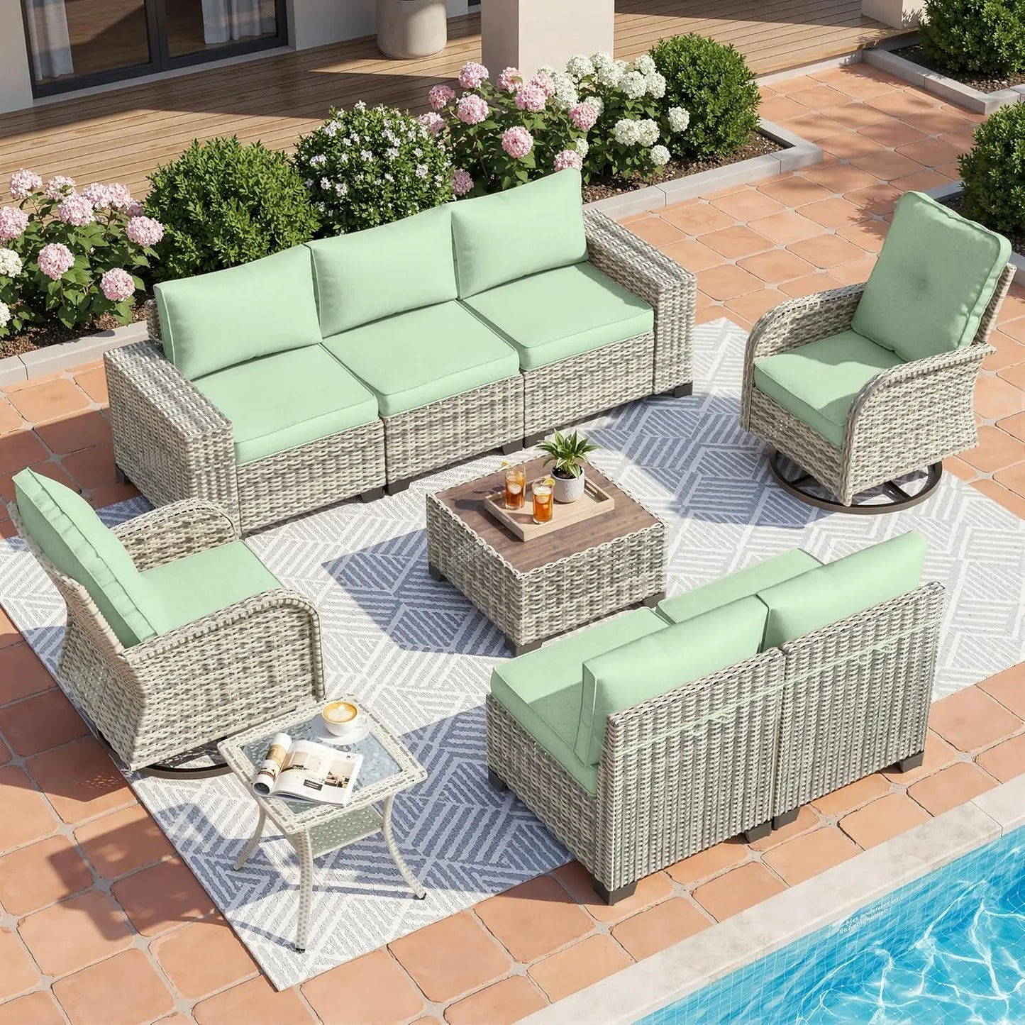 Outdoor 9 Piece Rattan Patio Furniture Set With Rocking Swivel Chairs