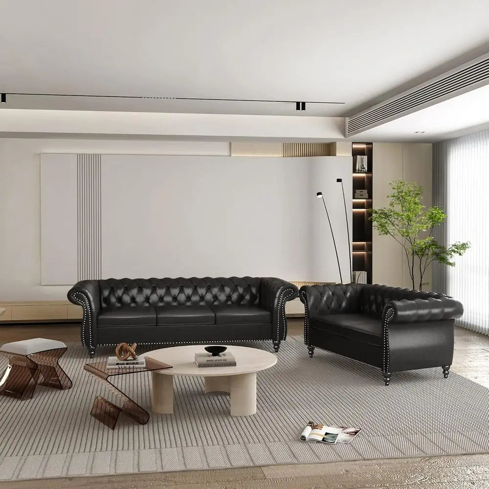 Chesterfield Leather Sofa and Loveseat Set with Scroll Arm