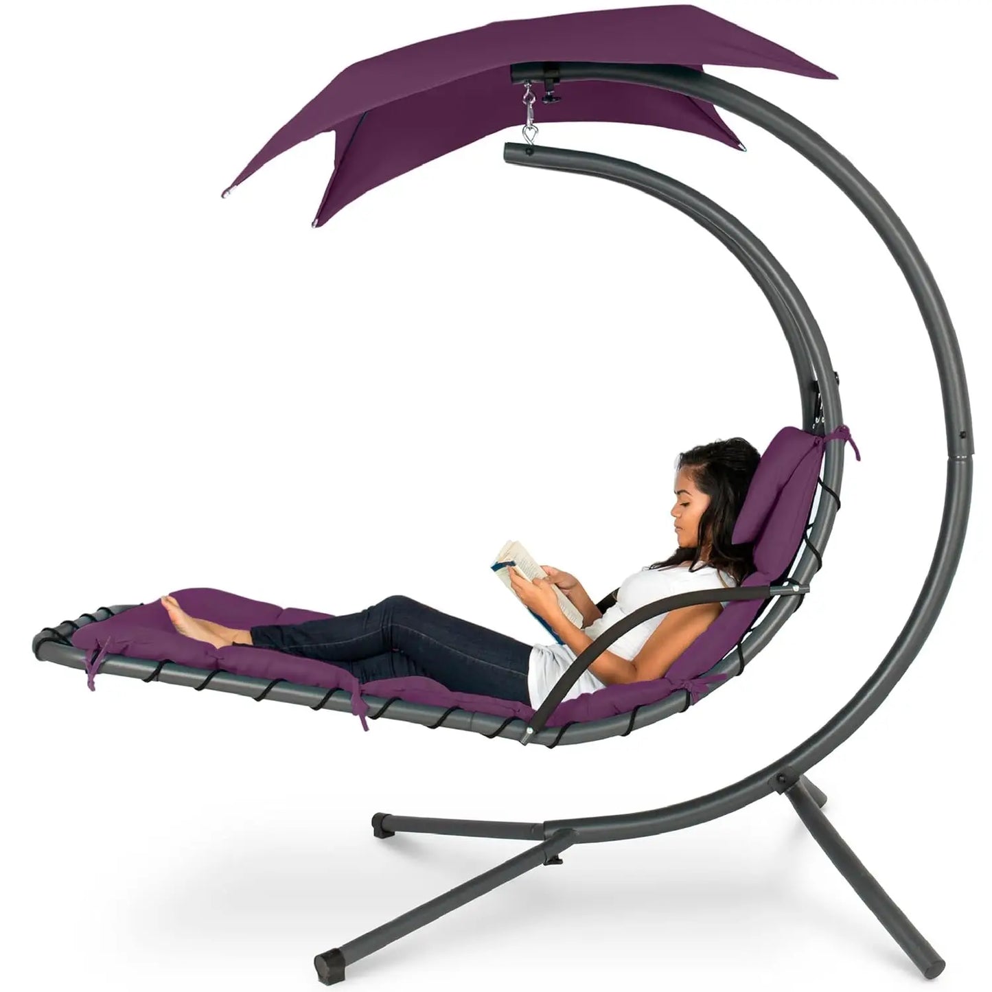 Outdoor Hanging Steel Chaise Lounge Chair With Swing Canopy Pillow
