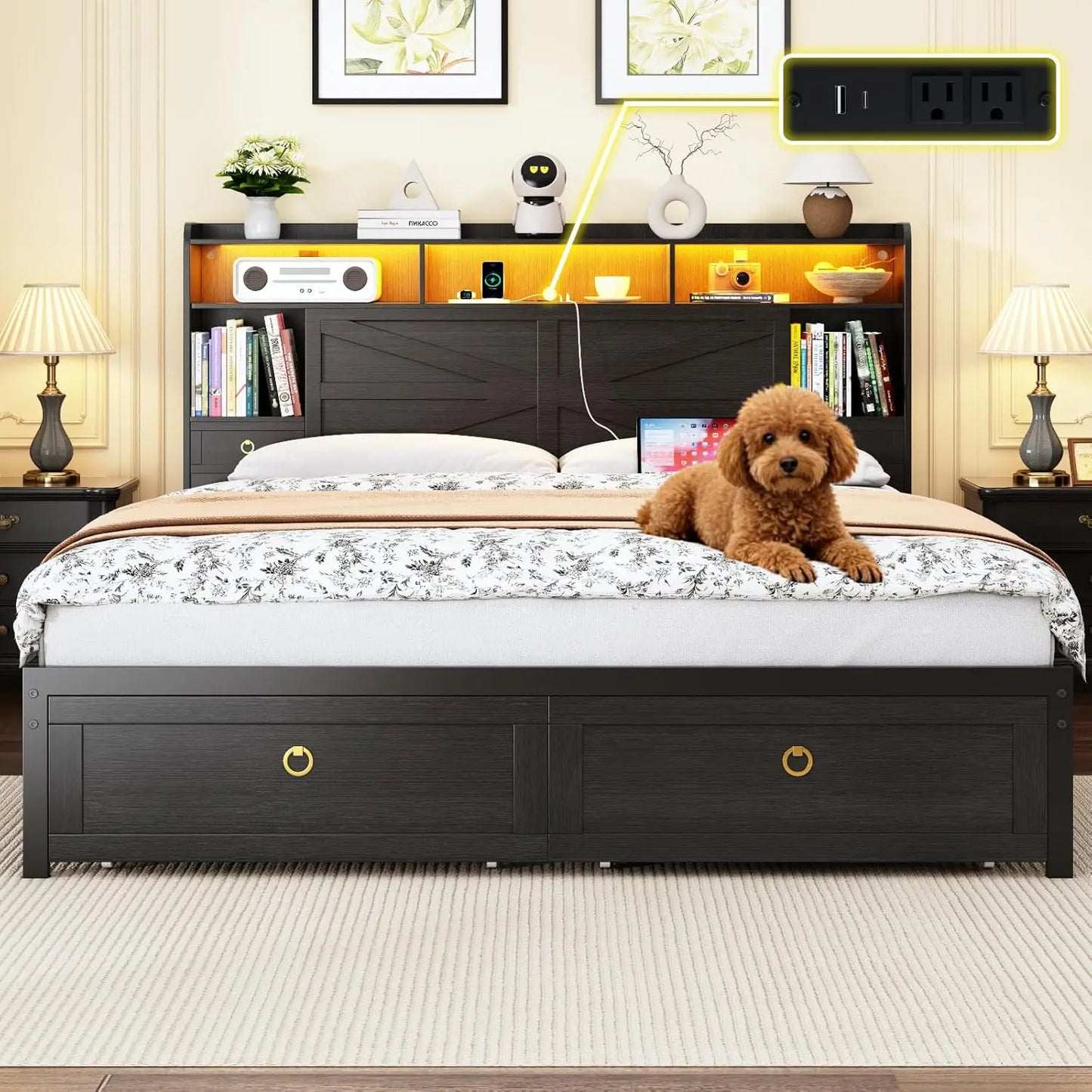 Guangbai Bed Frame With Storage Headboard Bookshelf Drawers