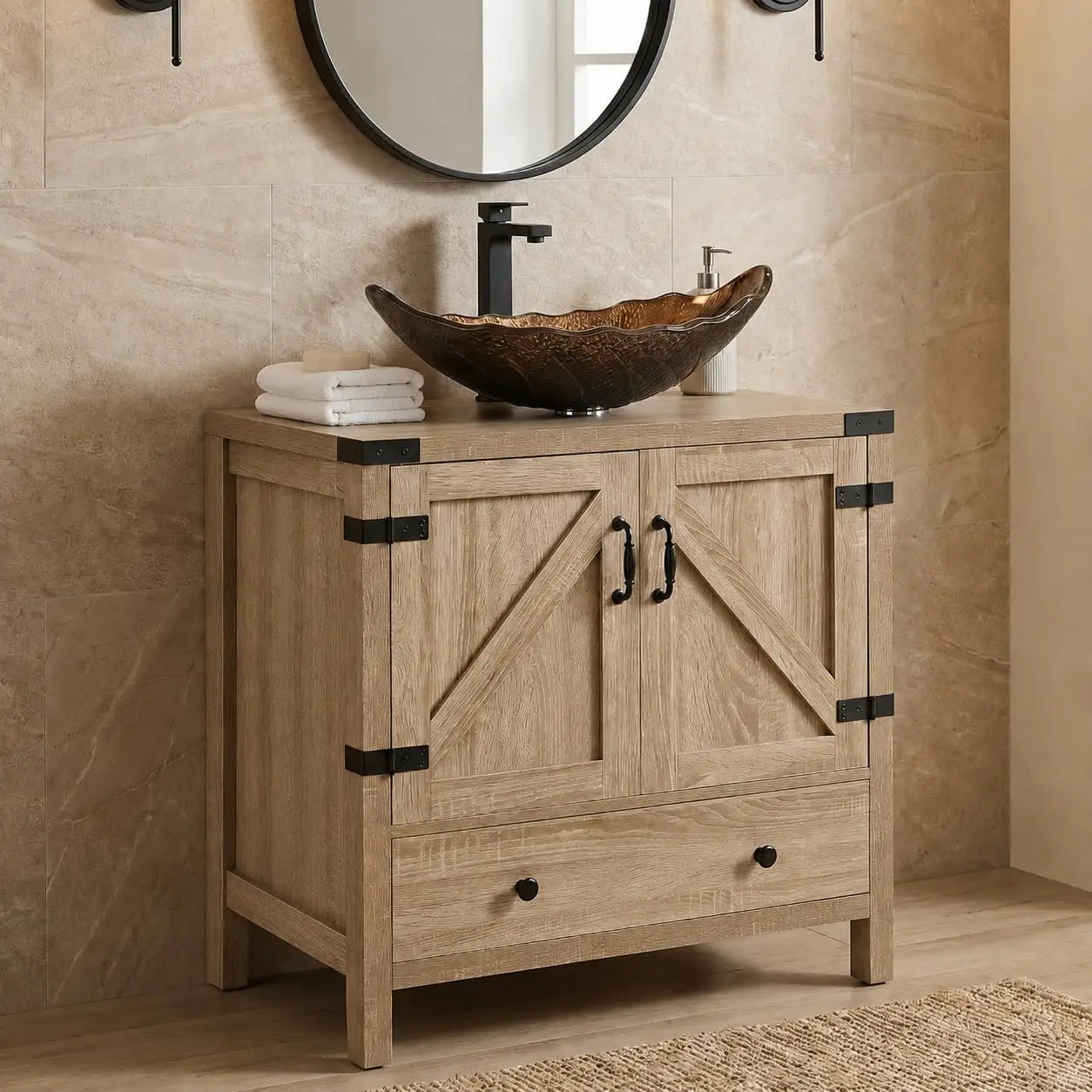 Rustic Bathroom Vanity With Pedestal Cabinet And Vessel Sink