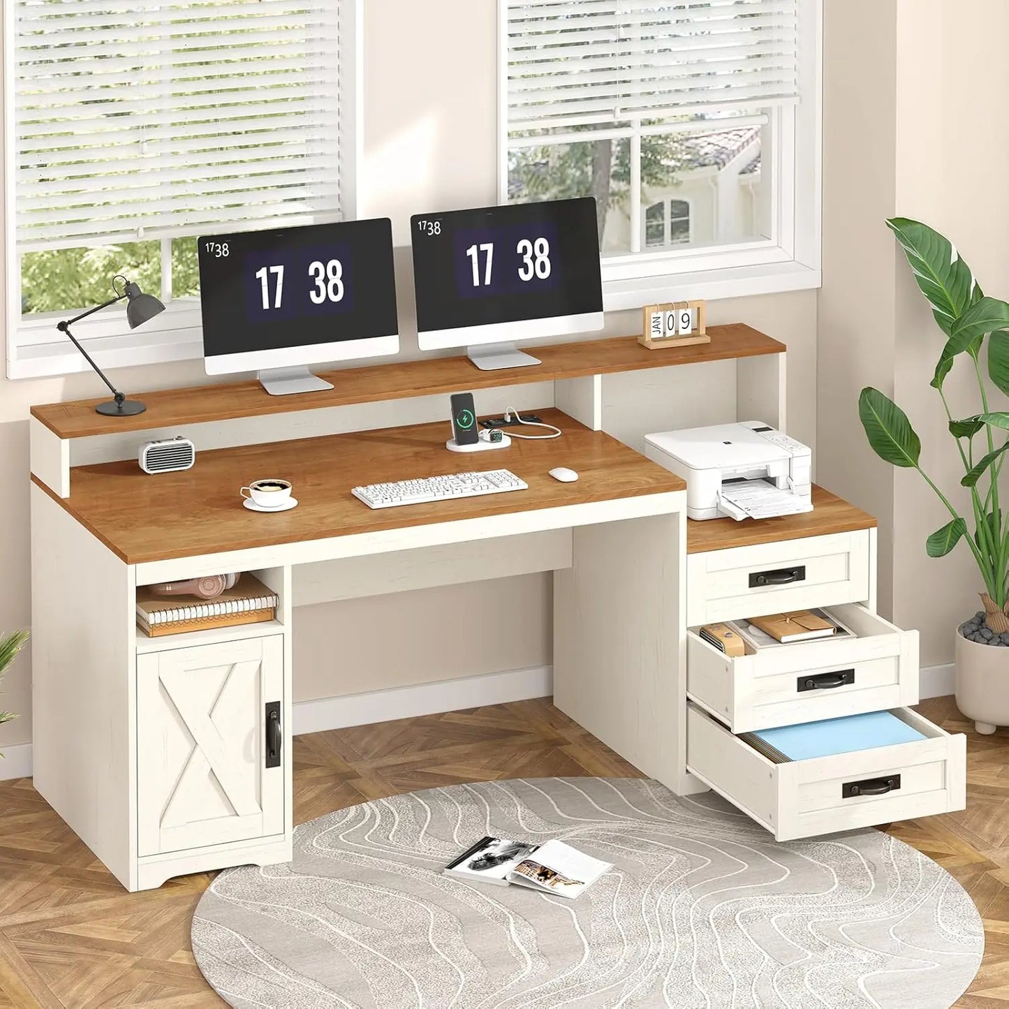 MOYU Farmhouse Computer Desk With Drawers And Power Outlets