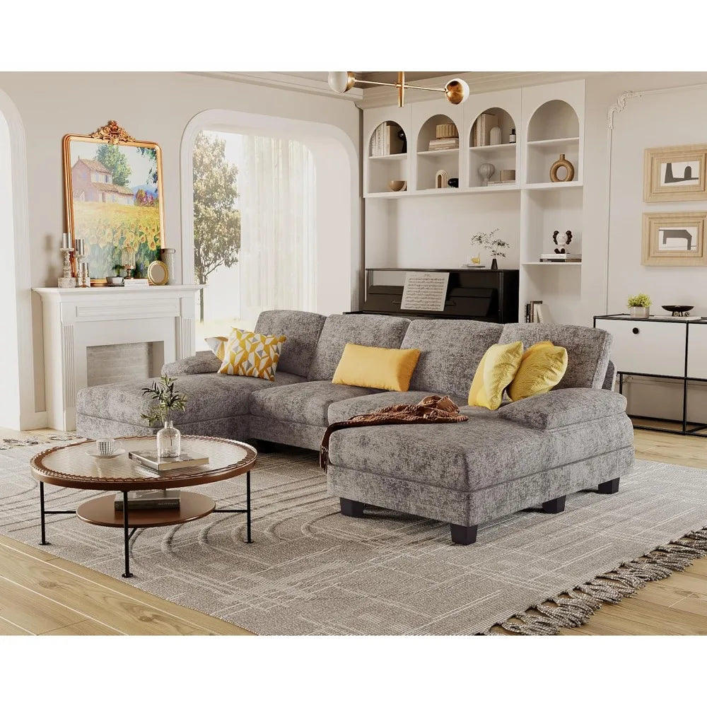 Combination U Shaped Sectional Sofa Linen Fabric Chaise 4 Seat
