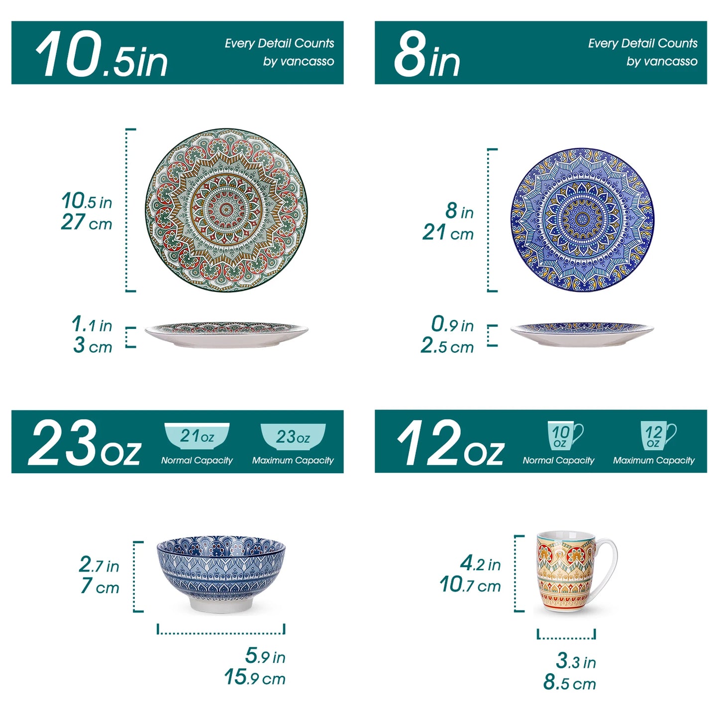 MALACASA Bohemian Mandala Ceramic Dinnerware Set With Plates Bowls Mugs