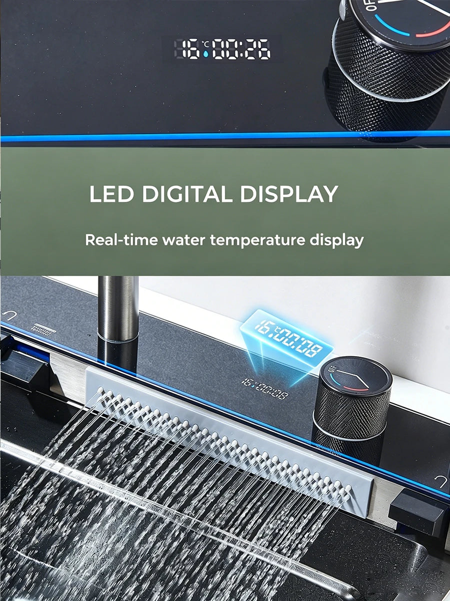 Quyanre Stainless Steel Kitchen Sink With Faucet Waterfall Digital Display